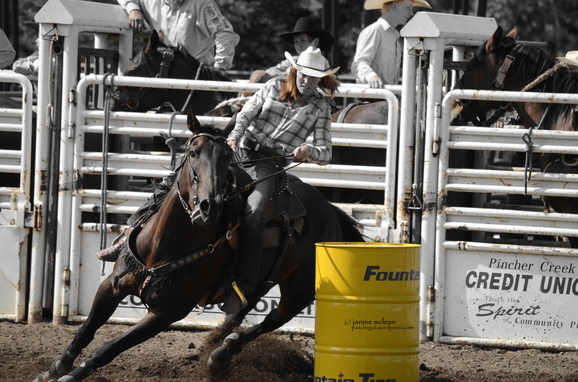 Just like this Cowgirl. a barrel racing competitor rounds the second barrel.